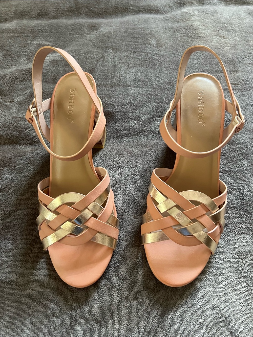 BAMBOO Peach and Gold Woven Strappy Block Heel Sandals